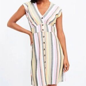 LOFT Pastel Multi-Striped V-Neck Button Midi Dress
